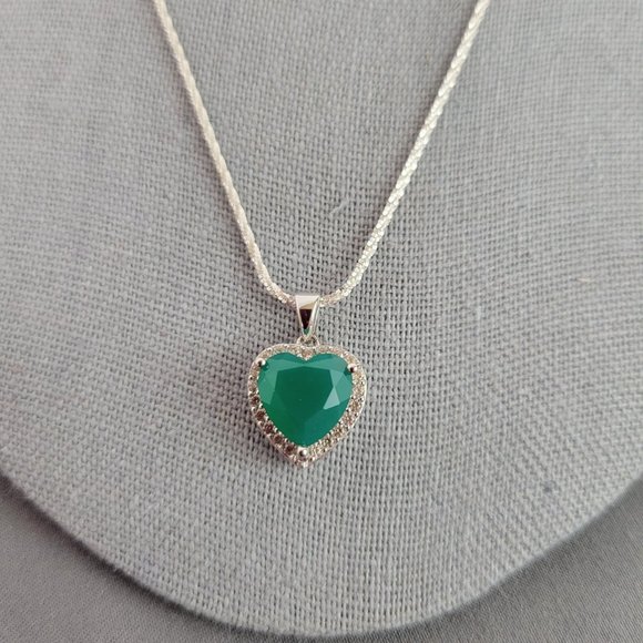 Green Onyx Rhodium Over Silver Heart Necklace, Ring (Sz 7.5), & Earrings - Picture 2 of 16